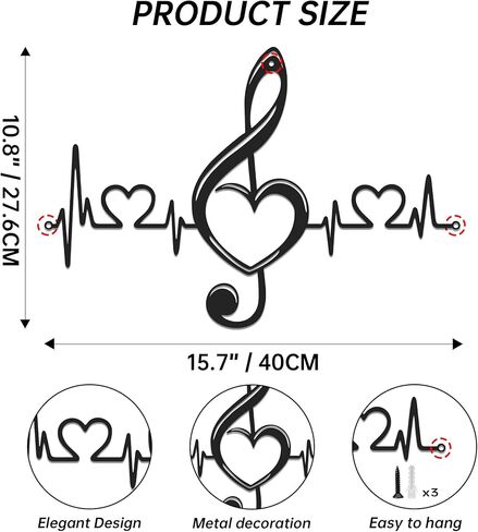 JEWLOVE ملاحظة موسيقية، لوحة فنية جدارية معدنية على شكل قلب ونبض القلب - هدية مثالية لمحبي الموسيقى، اللحن والحب لغرفة المعيشة، غرفة النوم (15.7 * 10.5 بوصة، أسود) in Kuwait