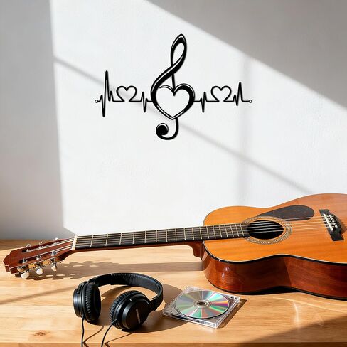 JEWLOVE ملاحظة موسيقية، لوحة فنية جدارية معدنية على شكل قلب ونبض القلب - هدية مثالية لمحبي الموسيقى، اللحن والحب لغرفة المعيشة، غرفة النوم (15.7 * 10.5 بوصة، أسود) in Kuwait