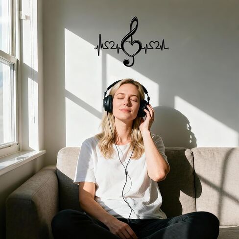 JEWLOVE ملاحظة موسيقية، لوحة فنية جدارية معدنية على شكل قلب ونبض القلب - هدية مثالية لمحبي الموسيقى، اللحن والحب لغرفة المعيشة، غرفة النوم (15.7 * 10.5 بوصة، أسود) in Kuwait