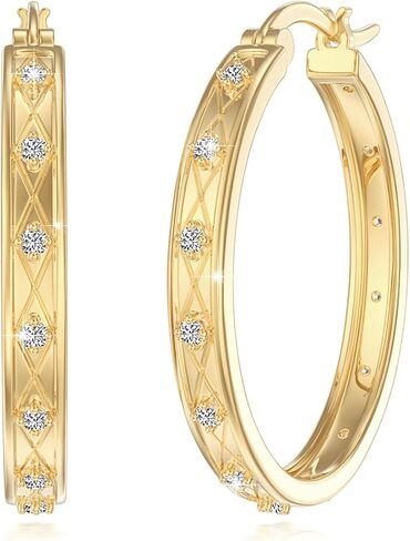 14K Hoop Gold Plated Earrings 925 Sterling Silver Gold Earring for Women Moissanite Hoop Earrings Classic Dainty Minimalist Gift Jewelry 30mm/25mm in Kuwait