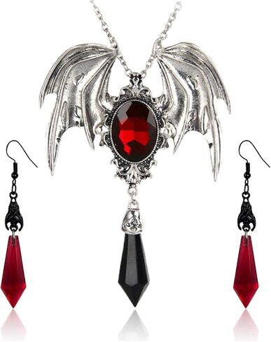RLHRNDE Gothic Bat Crystal Earrings Necklace Set for Women Vintage Punk Victoria Bat Wings Necklace Vampirina Witch Accessories Halloween Cosplay Party Jewelry Set in Saudi Arabia