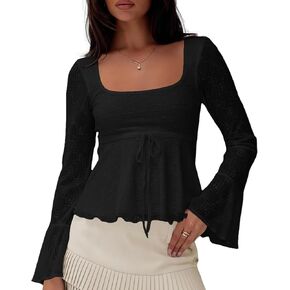 Women Y2K Solid Color Babydoll Shirt Causal Bell Long Sleeve Square Neck Tie Front Blouse Fall Streetwear in Saudi Arabia