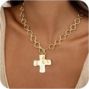 CHESKY 14K مطلية بالذهب مكتنزة الصليب قلادة للنساء، بيان قلادة الصليب كبيرة مطروق جريئة الصليب القلب قلادة قلادة العصرية الذهب تبديل القلائد خمر مجوهرات in Kuwait