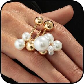 Douxsu Dainty Gold Beads Beaded Pearl Cluster Ring for Women Exquisite Unique Two-Tone White Pearls Knuckles Rings Y2k Party Prom Valentine Jewelry Gifts in Kuwait