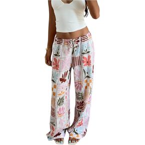 MakeMeChic Women's Fall Boho Pants Graphic Drawstring Low Waisted Straight Leg Vacation Trousers in Kuwait