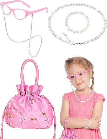Orgoue Old Lady Costume Accessories, Granny Costume Glasses with Chain Handbag Necklace for Girl Women 100th Day of School in Saudi Arabia