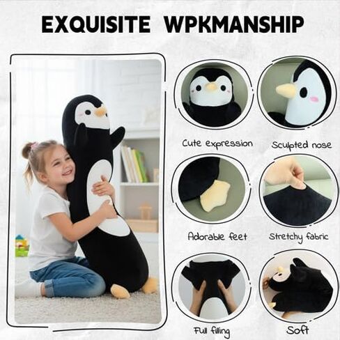 Somao Penguin Plush Pillow - 23.6 Inch Long Stuffed Animal, Ultra Soft Cuddle Pillow for Kids & Adults, Huggable Penguin Toy Gift for Birthday, Christmas, Valentine's Day (Black) in Saudi Arabia