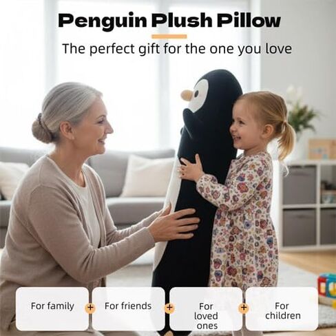 Somao Penguin Plush Pillow - 23.6 Inch Long Stuffed Animal, Ultra Soft Cuddle Pillow for Kids & Adults, Huggable Penguin Toy Gift for Birthday, Christmas, Valentine's Day (Black) in Saudi Arabia