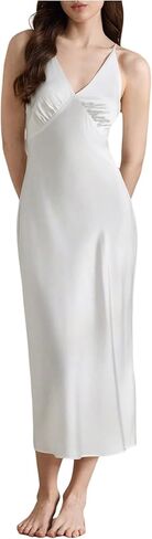 WDIRARA Women's Sexy Satin Nightgowns Slip Dress V Neck Spaghetti Strap Long Nightdress Chemise Lingerie Sleepwear in Saudi Arabia