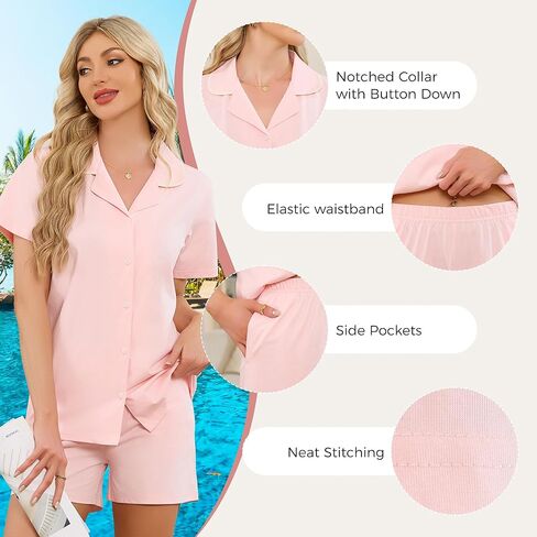 HEARTNICE Short Sleeve Pajamas Set for Women, Button Down Lounge Pjs Shorts with Pockets Sleepwear Summer 2 Piece Soft in Saudi Arabia