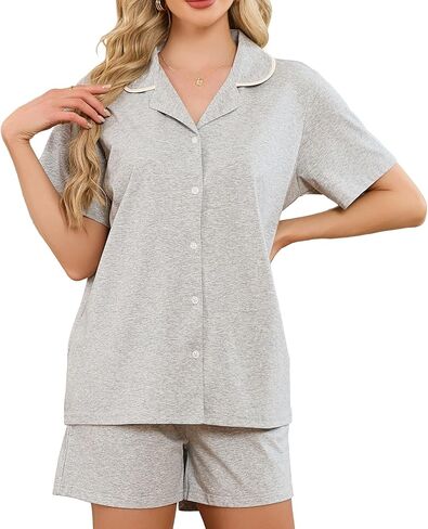 HEARTNICE Short Sleeve Pajamas Set for Women, Button Down Lounge Pjs Shorts with Pockets Sleepwear Summer 2 Piece Soft in Saudi Arabia