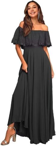 فساتين وصيفة الشرف شيفون مكشوفة الكتف للنساء 2026 دانتيل كشكشة ألف خط طويل ماكسي رسمي للحفلات المسائية in Kuwait