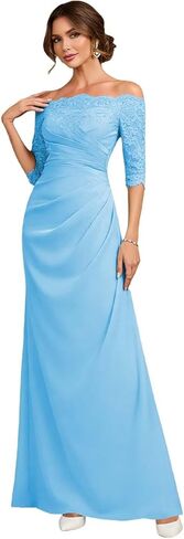 Mother of The Bride Wedding Dress Off The Shoulder Satin Formal Long Gown 3/4 Sleeves Elegant Evening Dress in Saudi Arabia