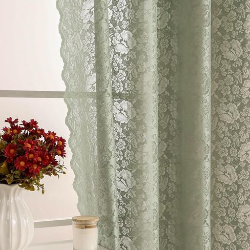 ستائر Luyicozy Boho من الدانتيل الأخضر الزهري بطول 84 بوصة وطبقتين ستائر شبه شفافة لغرفة المعيشة، ستائر شفافة زهرية مصفاة للضوء مع حلقة علوية، ستائر خضراء حكيم، W52 x L84 in Saudi Arabia