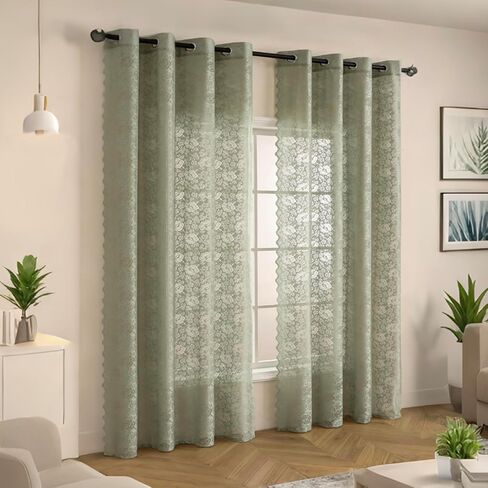 ستائر Luyicozy Boho من الدانتيل الأخضر الزهري بطول 84 بوصة وطبقتين ستائر شبه شفافة لغرفة المعيشة، ستائر شفافة زهرية مصفاة للضوء مع حلقة علوية، ستائر خضراء حكيم، W52 x L84 in Saudi Arabia