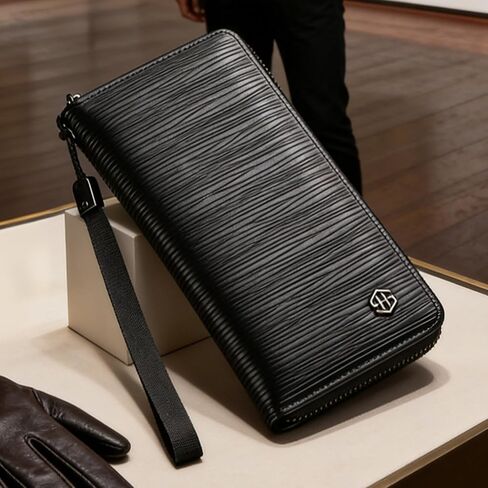 Mens Wallet, Classic Fashion Business Long Leather Zipper Clutch, Timeless Large Capacity Design with RFID Blocking and Multiple Functions (Black) in Saudi Arabia