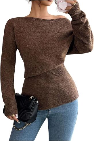 SHENHE Women's Off The Shoulder Sweater Long Sleeve Fall Knit Jumper Asymmetrical Sweater in Saudi Arabia