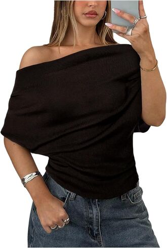BEAUDRM Women's Off The Shoulder Sweaters Short Sleeve Pullover Causal Knit Tops in Saudi Arabia