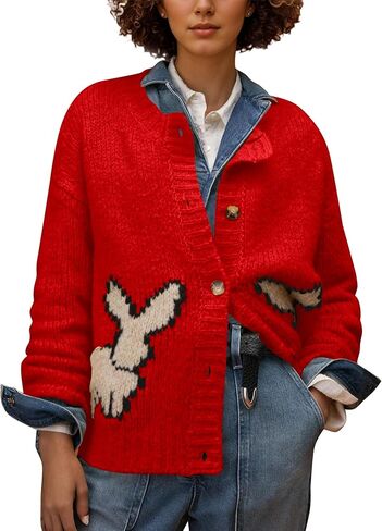 OLAPTA Women Bunny Buddies Cardigans Long Sleeve Button Down Loose Fit Sweater Tops Cute Graphic Casual Knit Fall Clothes in Kuwait