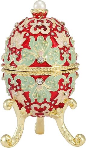 QIFU Hand Painted Red Small Faberge Egg Style Enamel Trinket Box Hinged, Unique Gift for Family in Saudi Arabia