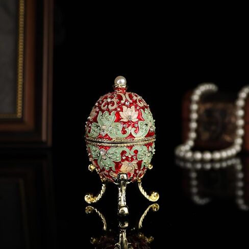 QIFU Hand Painted Red Small Faberge Egg Style Enamel Trinket Box Hinged, Unique Gift for Family in Saudi Arabia