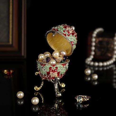QIFU Hand Painted Red Small Faberge Egg Style Enamel Trinket Box Hinged, Unique Gift for Family in Saudi Arabia