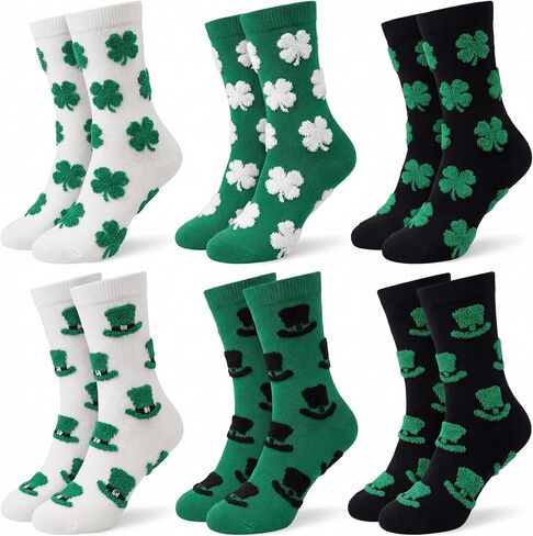 Breathffy 6 Pairs St. Patrick Day Fuzzy Socks Women Furry Shamrock Pattern Crew Green Irish Cute Sock for Holiday Party Adult in Saudi Arabia
