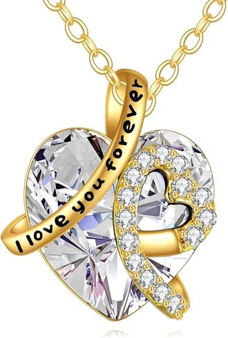 KECHO 14K الذهب الحقيقي أنا أحبك للأبد قلادة الصلبة الذهب الأصفر القلب جوهرة الكريستال قلادة مجوهرات عيد ميلاد عيد الأم الذكرى السنوية هدايا عيد الميلاد للنساء in Kuwait