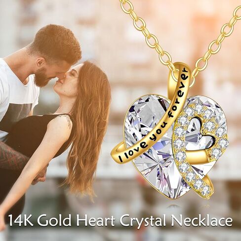 KECHO 14K الذهب الحقيقي أنا أحبك للأبد قلادة الصلبة الذهب الأصفر القلب جوهرة الكريستال قلادة مجوهرات عيد ميلاد عيد الأم الذكرى السنوية هدايا عيد الميلاد للنساء in Kuwait