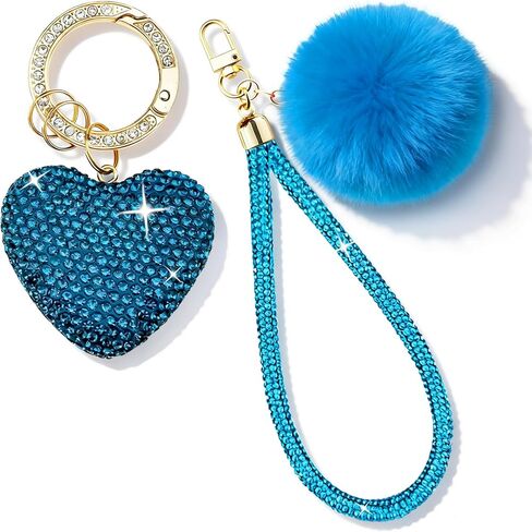 Cute Heart Keychains for Women & Girls, Bling Bag Charms with Wristlet Keys, Purse Charms for Handbags, Pompom Key Chain in Kuwait