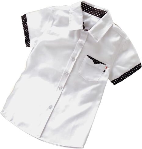 White Button-Down Shirt with Navy Polka Dot Trim, Short Sleeve, Cotton Blend, Regular Fit in Saudi Arabia