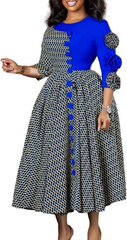 JZCJY New Fashionable and Elegant Round Neck Seven Quarter Sleeve Flower Patchwork African Dress in Saudi Arabia