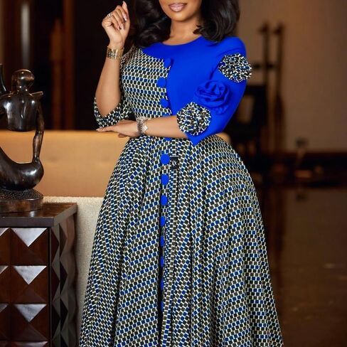 JZCJY New Fashionable and Elegant Round Neck Seven Quarter Sleeve Flower Patchwork African Dress in Saudi Arabia