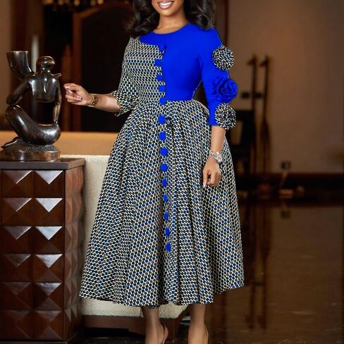JZCJY New Fashionable and Elegant Round Neck Seven Quarter Sleeve Flower Patchwork African Dress in Saudi Arabia