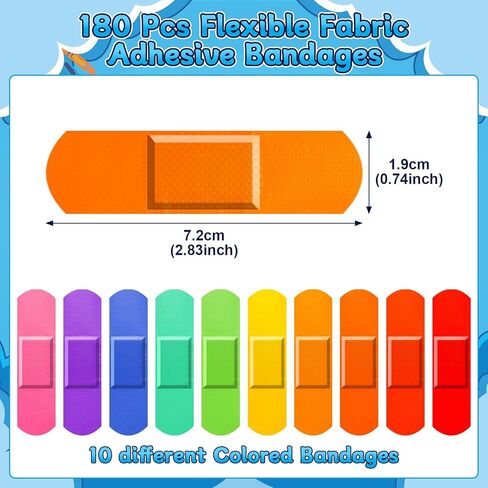 180 قطعة من ضمادات الأطفال السائبة، ضمادات لاصقة مرنة ملونة للأطفال 10 ألوان نيون مقاومة للماء وقابلة للتنفس لحماية الجروح والخدوش للأطفال الصغار، 2.83 بوصة × 0.75 بوصة in Kuwait