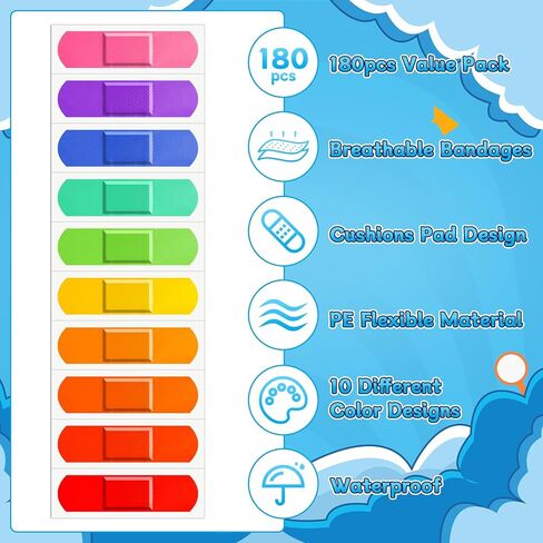 180 قطعة من ضمادات الأطفال السائبة، ضمادات لاصقة مرنة ملونة للأطفال 10 ألوان نيون مقاومة للماء وقابلة للتنفس لحماية الجروح والخدوش للأطفال الصغار، 2.83 بوصة × 0.75 بوصة in Kuwait
