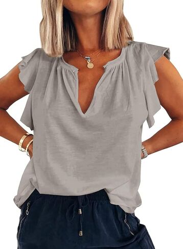 Womens Plus Size Tank Tops V Neck Ruffle Sleeve Summer Casual Loose Blouses Tee Shirts in Saudi Arabia