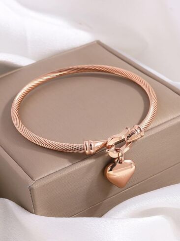 Rose Gold Stainless Steel Twisted Cable Bangle with Polished Heart Charm Bracelet for Women Stylish Daily Jewelry in Saudi Arabia