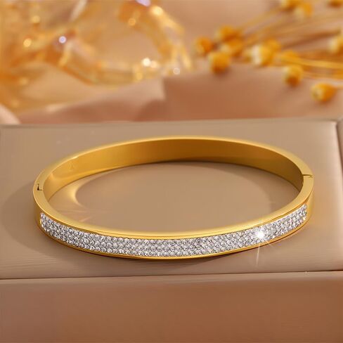 Gold Womens Link Bracelets Stainless Steel Pave Rhinestone Simulate Diamond Stackable Oval Hinged Bangle Bracelet in Saudi Arabia