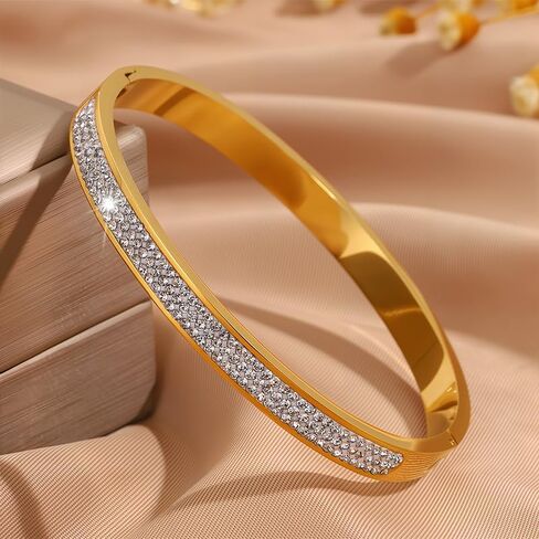 Gold Womens Link Bracelets Stainless Steel Pave Rhinestone Simulate Diamond Stackable Oval Hinged Bangle Bracelet in Saudi Arabia