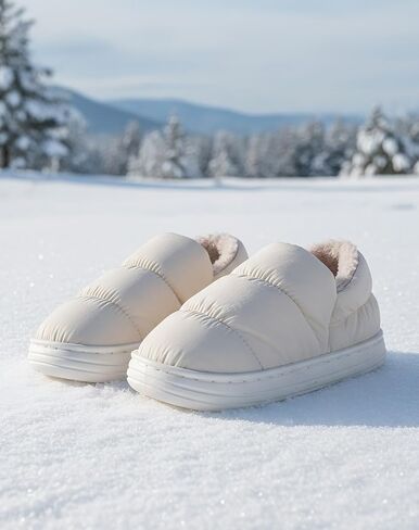 Fluffy Down Warm Shoes For Unisex，Women Winter Slippers Non-Slip Bathroom Pillow Slippers for Men Furry Warm House Waterproof Plush Flip Flop Beige in Saudi Arabia