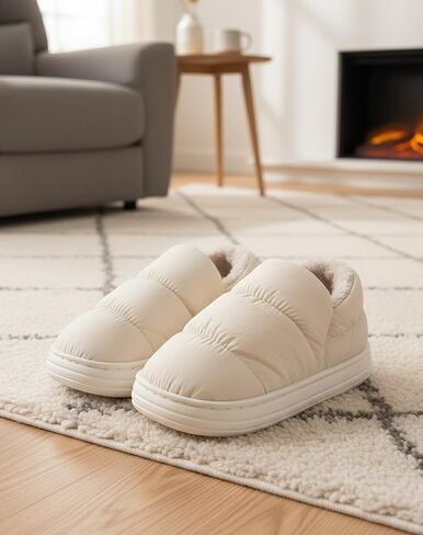 Fluffy Down Warm Shoes For Unisex，Women Winter Slippers Non-Slip Bathroom Pillow Slippers for Men Furry Warm House Waterproof Plush Flip Flop Beige in Saudi Arabia