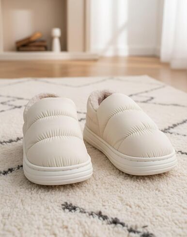 Fluffy Down Warm Shoes For Unisex，Women Winter Slippers Non-Slip Bathroom Pillow Slippers for Men Furry Warm House Waterproof Plush Flip Flop Beige in Saudi Arabia
