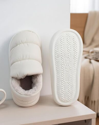 Fluffy Down Warm Shoes For Unisex，Women Winter Slippers Non-Slip Bathroom Pillow Slippers for Men Furry Warm House Waterproof Plush Flip Flop Beige in Saudi Arabia