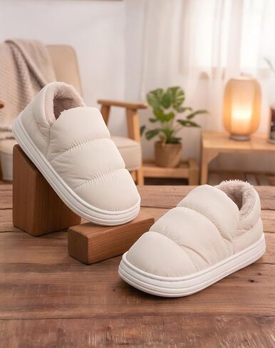 Fluffy Down Warm Shoes For Unisex，Women Winter Slippers Non-Slip Bathroom Pillow Slippers for Men Furry Warm House Waterproof Plush Flip Flop Beige in Saudi Arabia