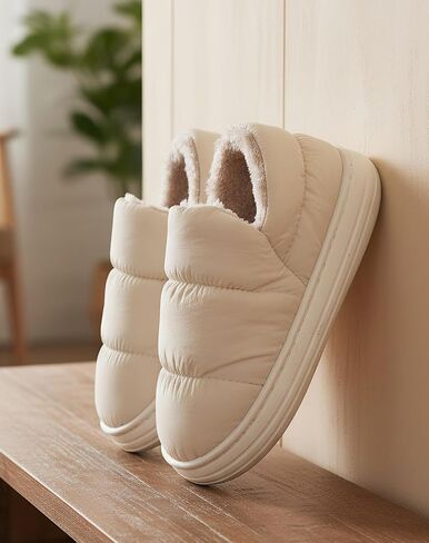 Fluffy Down Warm Shoes For Unisex，Women Winter Slippers Non-Slip Bathroom Pillow Slippers for Men Furry Warm House Waterproof Plush Flip Flop Beige in Saudi Arabia