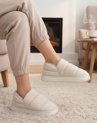 Fluffy Down Warm Shoes For Unisex，Women Winter Slippers Non-Slip Bathroom Pillow Slippers for Men Furry Warm House Waterproof Plush Flip Flop Beige in Saudi Arabia