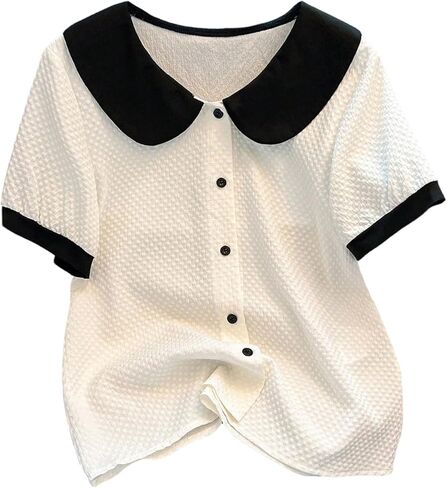 SHENHE Women's Button Up Blouse Doll Collar Color Block Short Sleeve Dressy Casual Going Out Top in Saudi Arabia