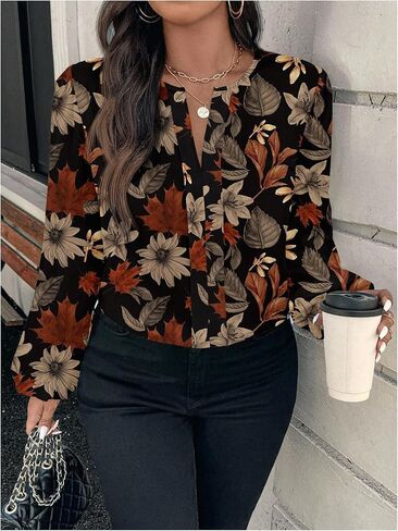 GORGLITTER Women's Plus Size Boho Floral Shirts Dressy Casual Long Sleeve Western V Neck Business Work Blouses in Saudi Arabia