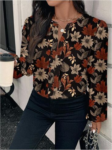 GORGLITTER Women's Plus Size Boho Floral Shirts Dressy Casual Long Sleeve Western V Neck Business Work Blouses in Saudi Arabia